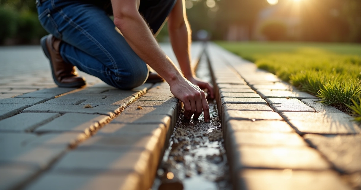 Contractor adjusting patio drainage near paver edge 