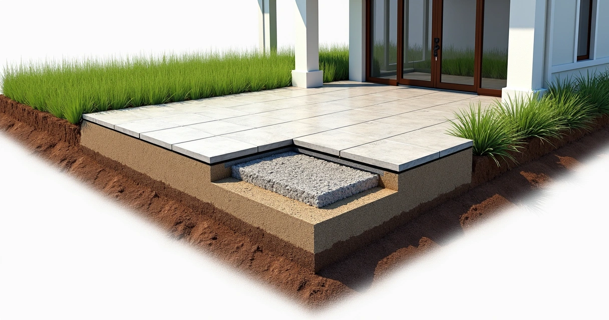 Cross-section of a properly built patio base with drain 
