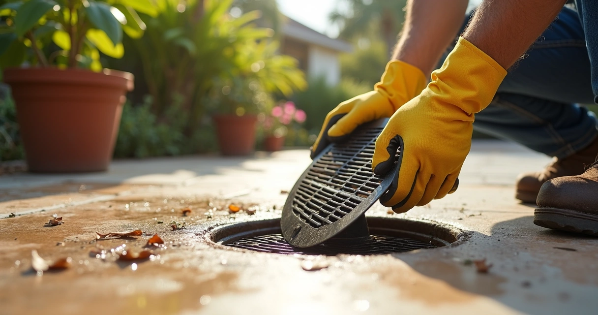 Outdoor drain grate being cleaned by gloved hands 
