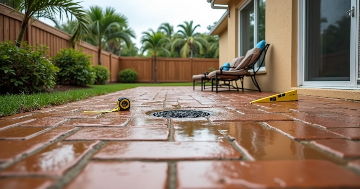 Orlando paver patio showing standing water around a poor drain layout 