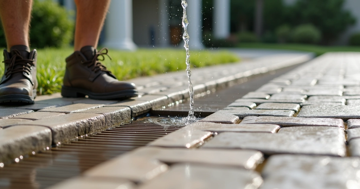Checking patio drainage for inspection 