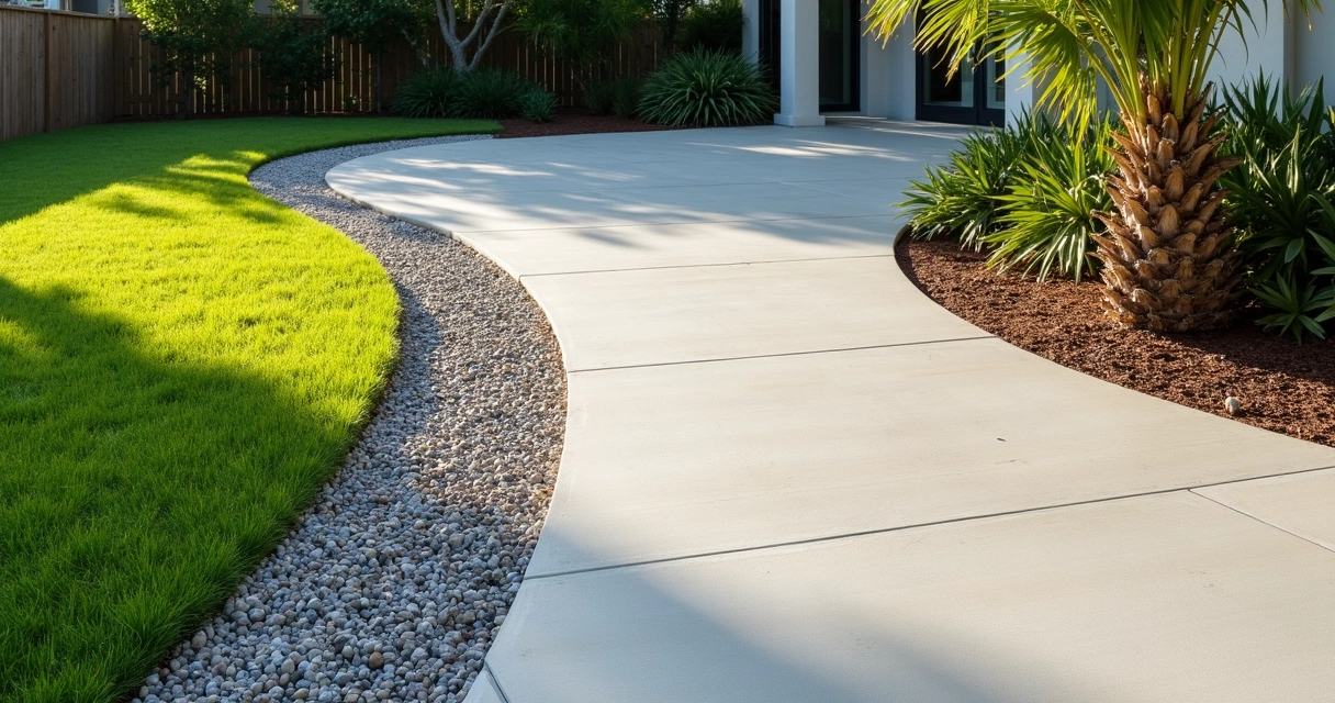 Concrete patio with both a swale and French drain in a backyard 