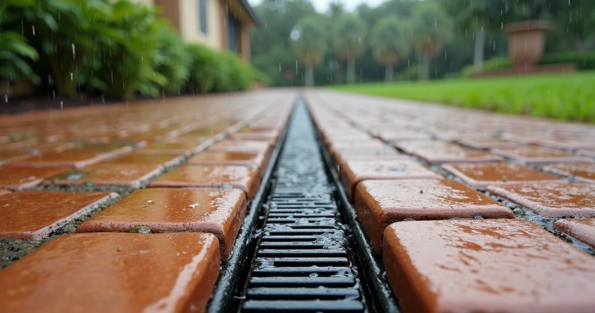 Wide-angle view of patio paver with a linear French drain running through, rainwater channel.