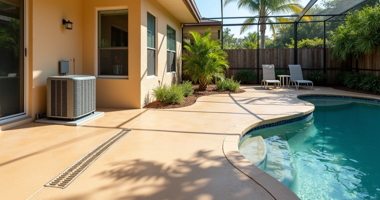 Concrete patio in Florida with channel drain system for AC runoff 