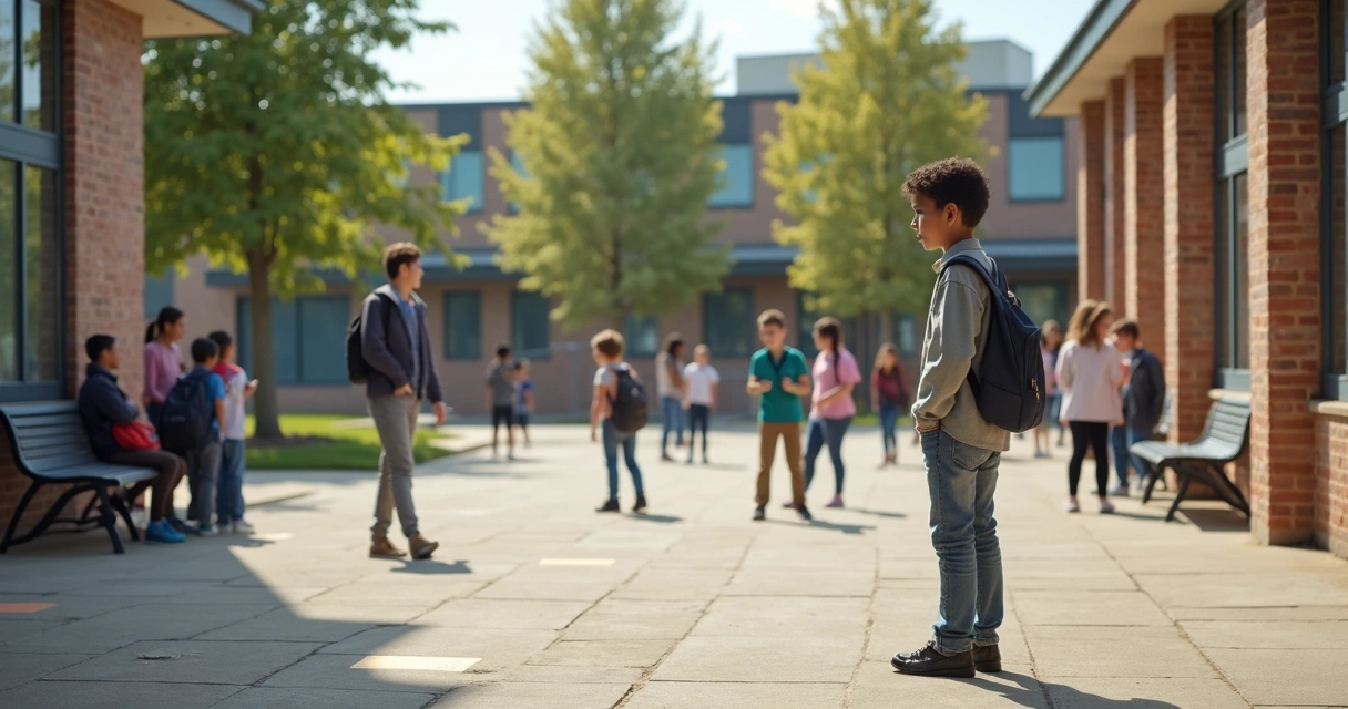 Alumno solo en un patio escolar amplio