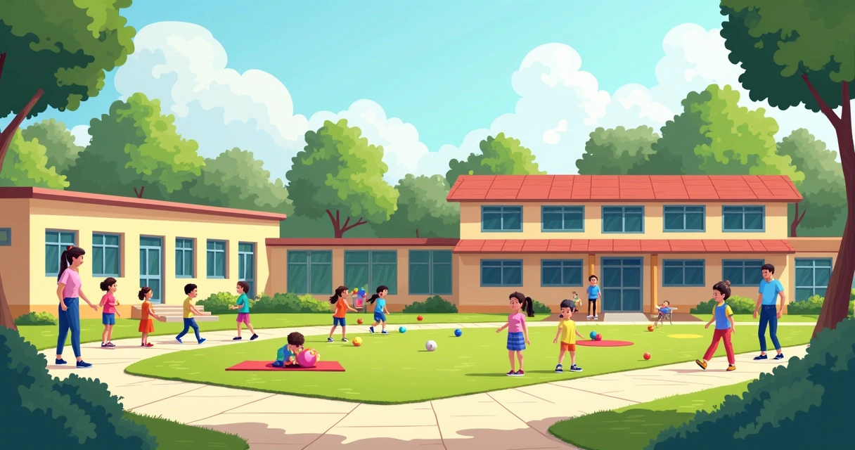 Pátio escolar com áreas de brincadeira e espaço calmo 