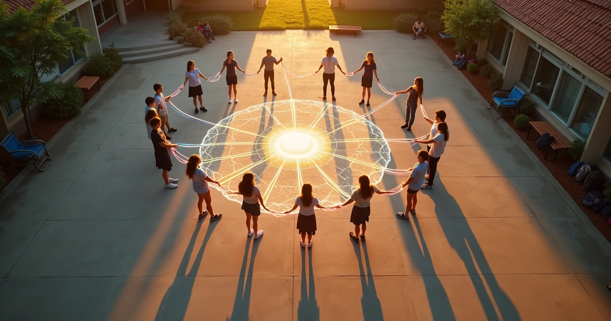 Alunos em pátio escolar formando mandala luminosa vista de cima 