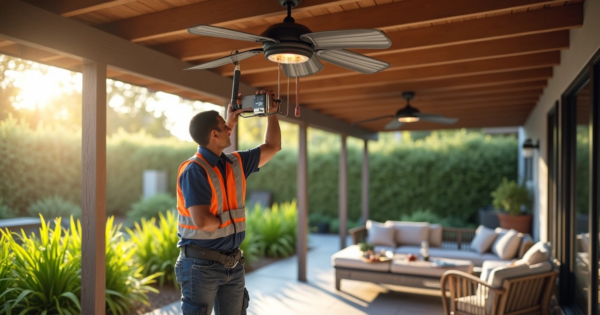 Professional installing a ceiling fan and heater on an outdoor patio 