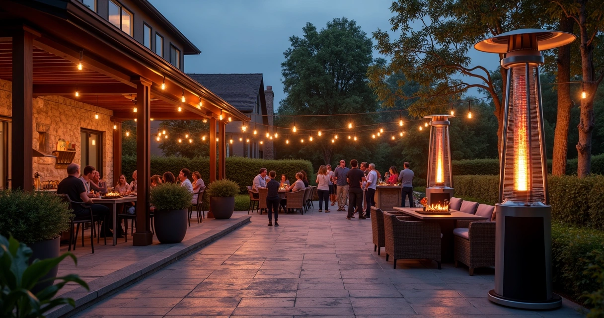 Outdoor patio with ceiling fans, lights, and guests enjoying a party 