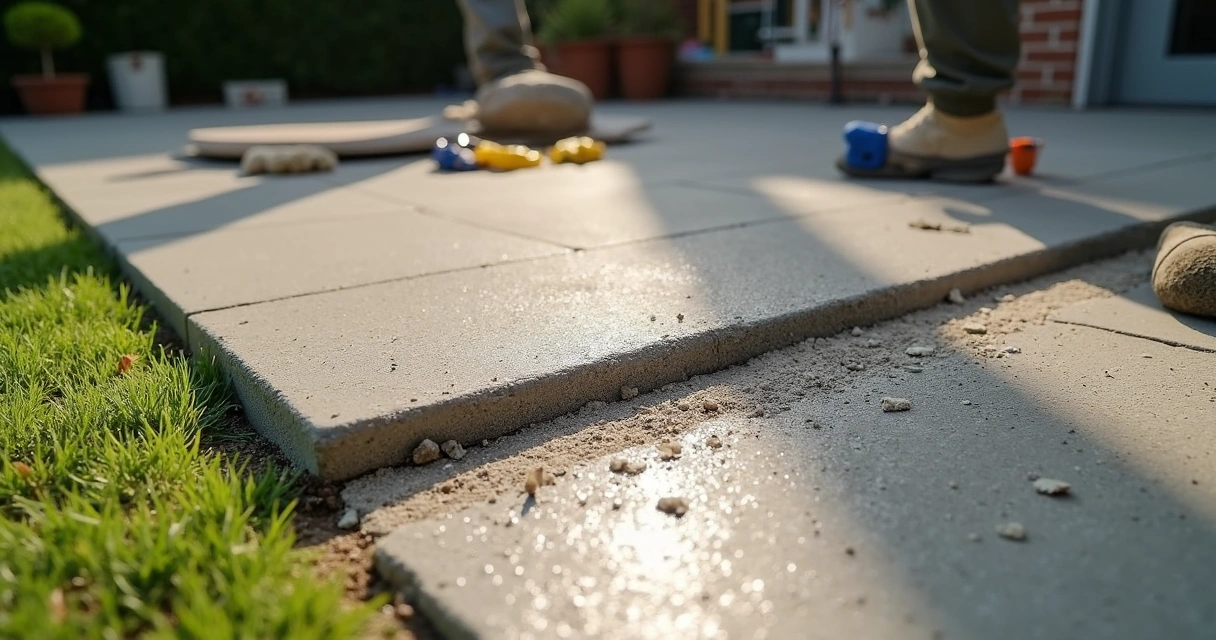 Fresh concrete patio with exposed mesh at corner for inspection