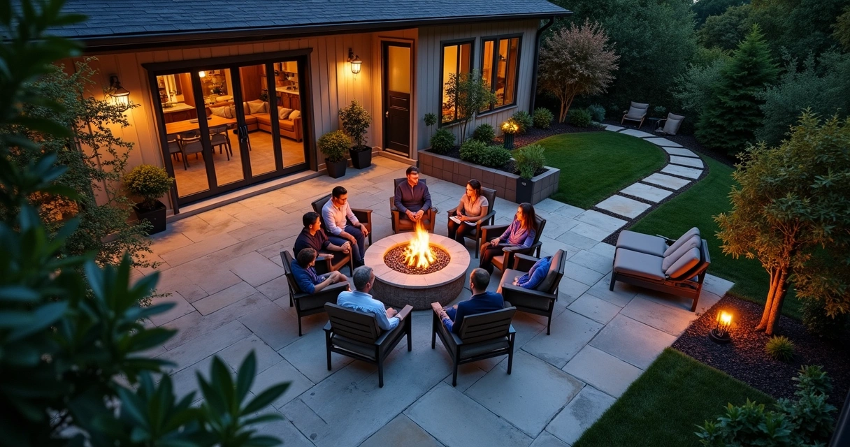 Group entertaining around fire pit on stone patio. 