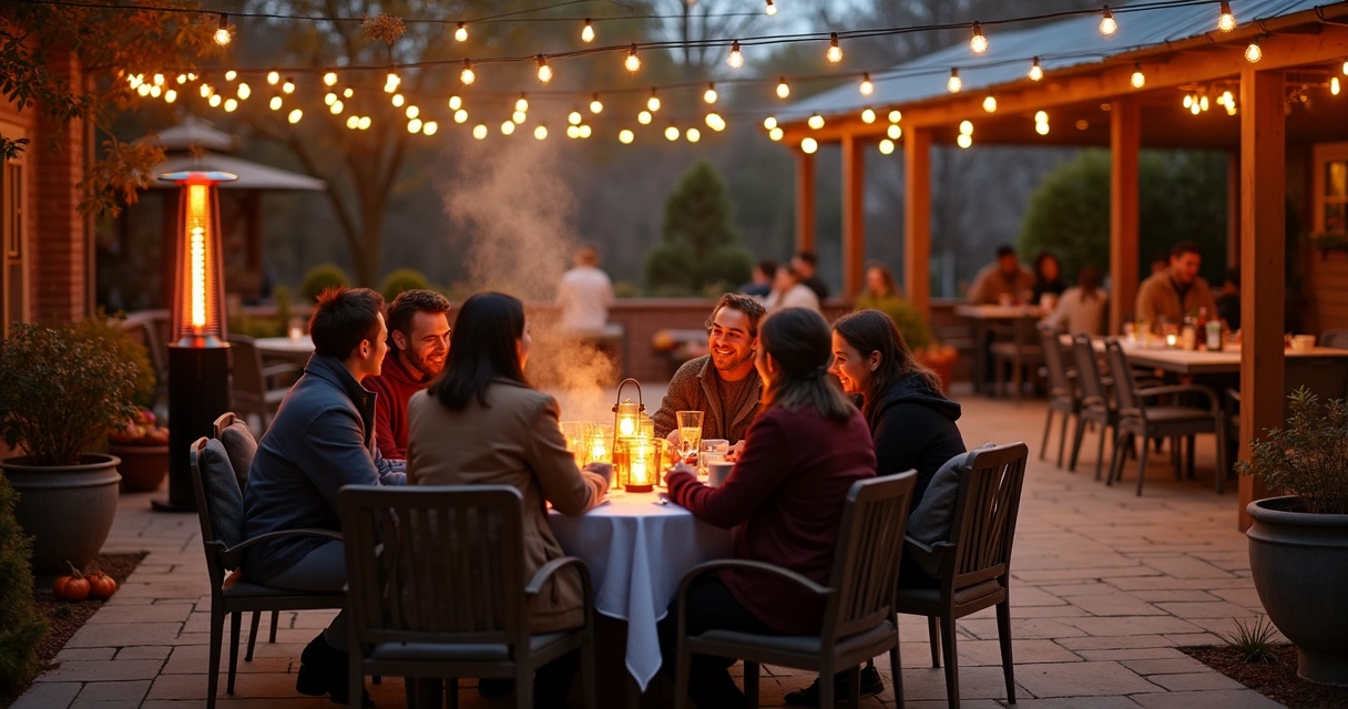 Outdoor patio with heater, string lights, and people gathered