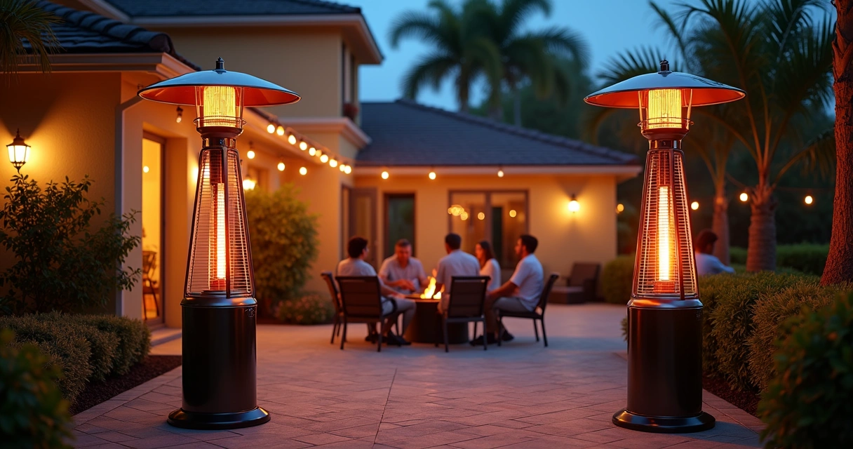 Florida residential patio with outdoor heaters at night 