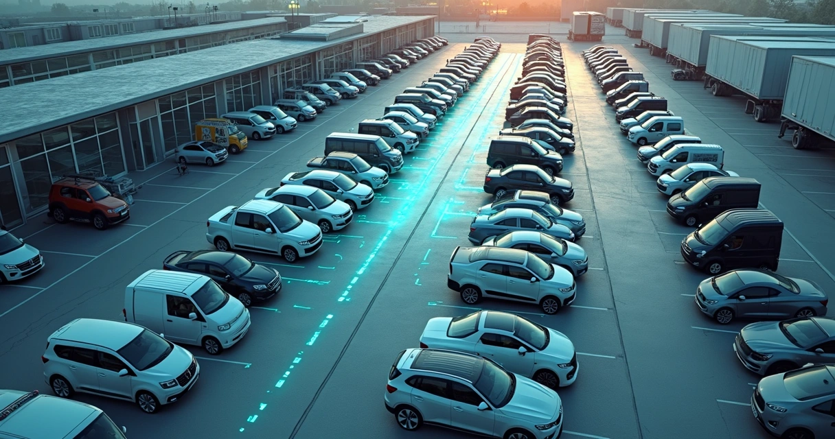 Vista aérea de pátio logístico com carros organizados e destaques digitais de localização em tempo real 