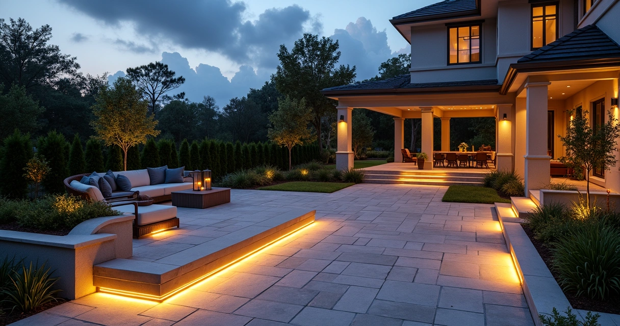 Patio with subtle LED edge lighting at dusk 
