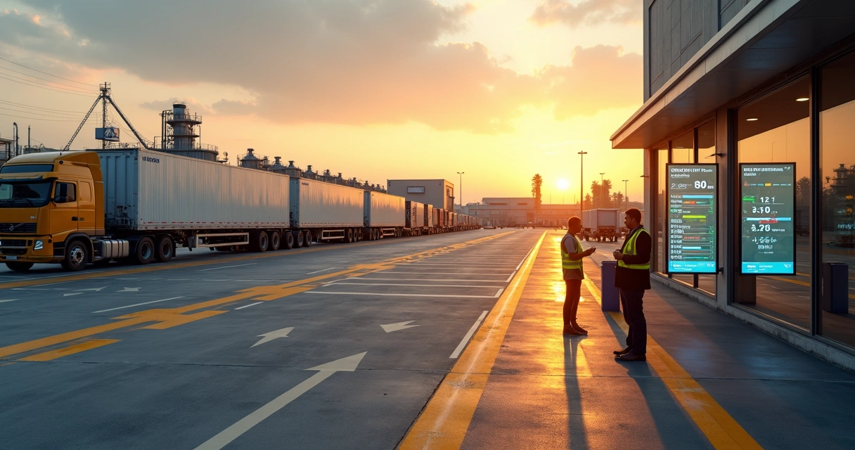 Caminhões alinhados em pátio logístico com controle digital de acesso na safra 