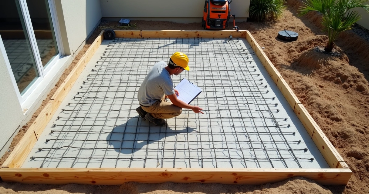 Contractor comparing rebar and mesh on a patio under construction 
