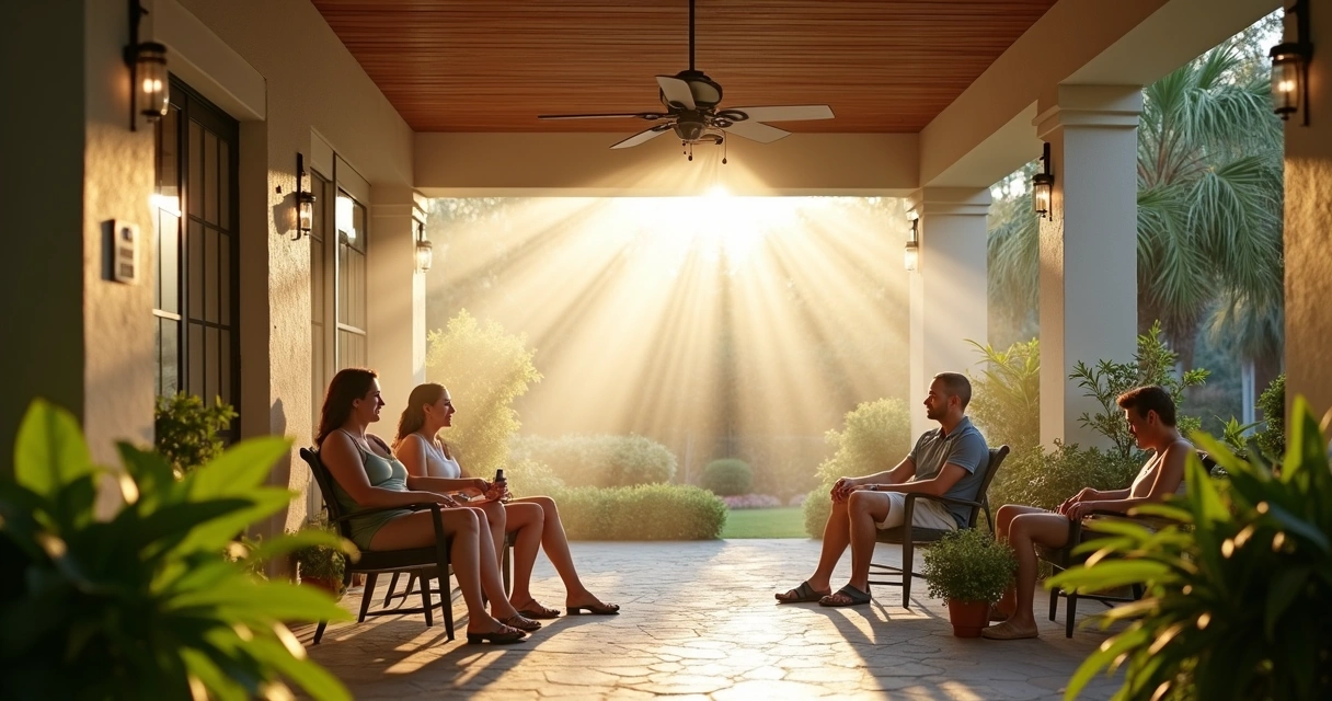 Patio misting system cooling outdoor space