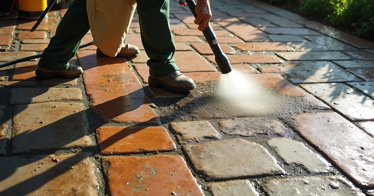 Technician treats mold beneath patio pavers 