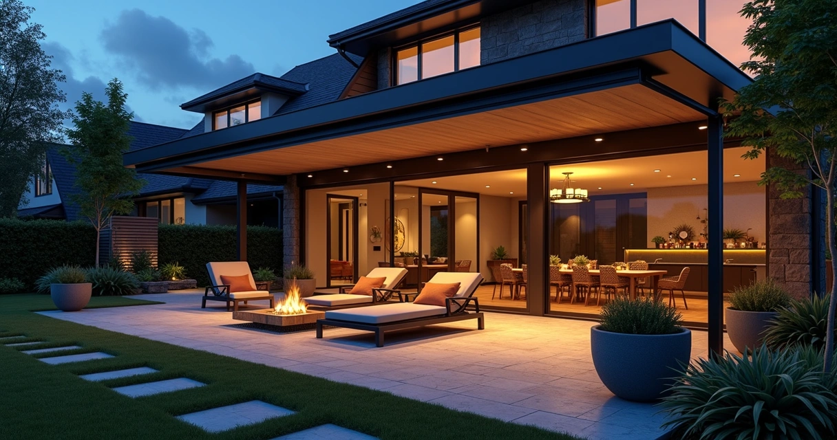 Modern awning over patio at night with warm lighting 