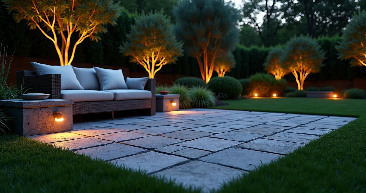 Paver patio with warm integrated lighting at night 