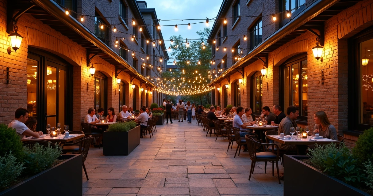 Commercial patio evening ambiance with string and accent lighting