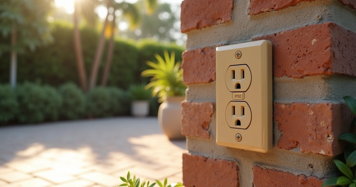 Outdoor patio outlet discreetly built into brick column 
