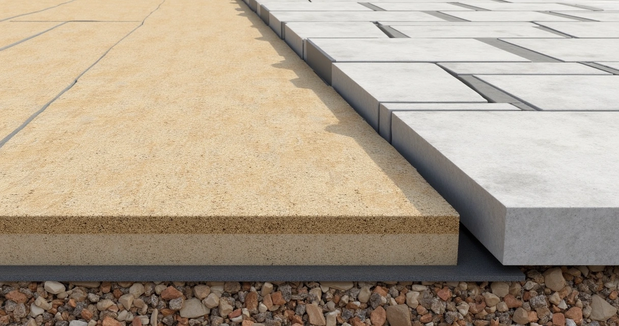 Diagram showing layers under a patio paver in cross-section, including sub-base, sand, paver, and edge restraint.