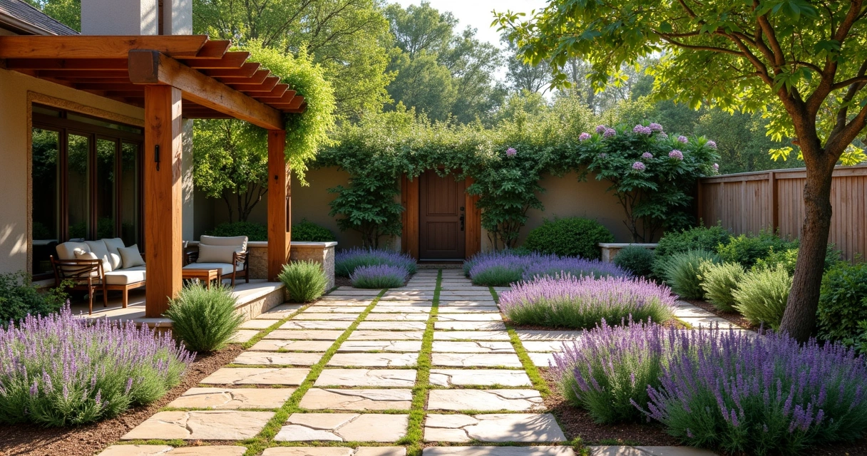 Flagstone pavers with creeping thyme in garden 