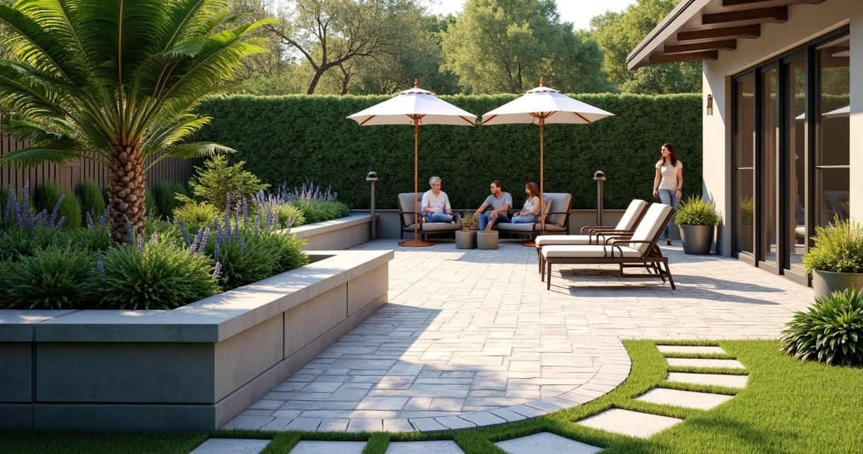 Patio with raised planter bed and lush greenery 