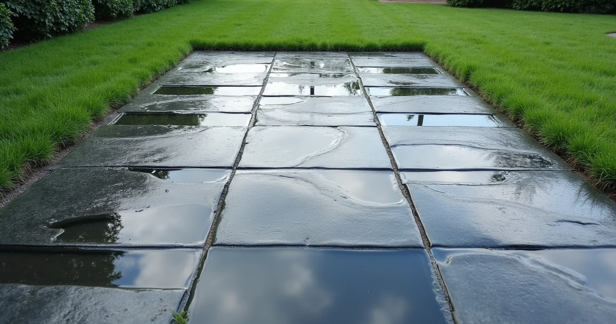 Patio with water pooling on surface after rain