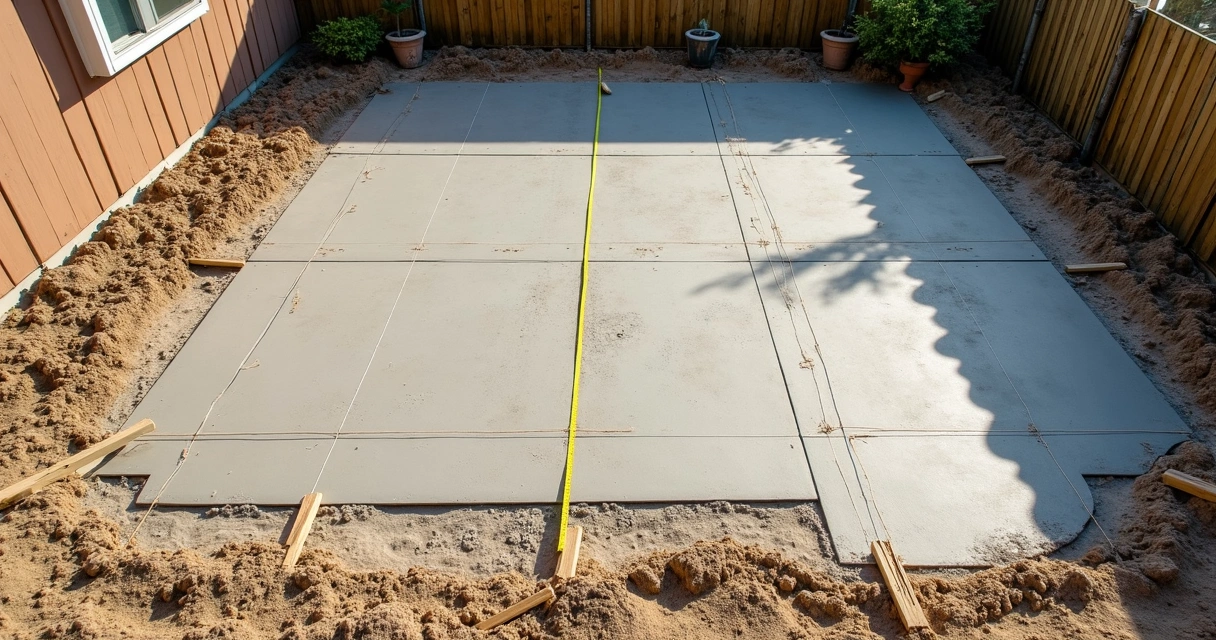 Patio site with stakes, string, measuring tape, and graded dirt base