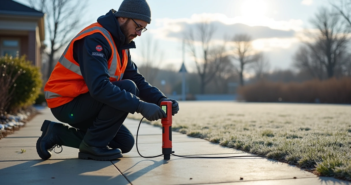 Technician performing patio protection inspection in winter 