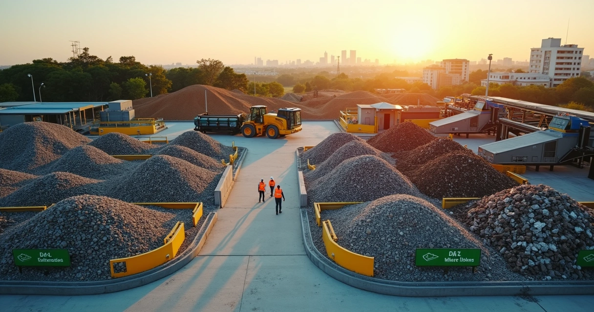 Pátio de reciclagem com entulho de obra separado para reuso 