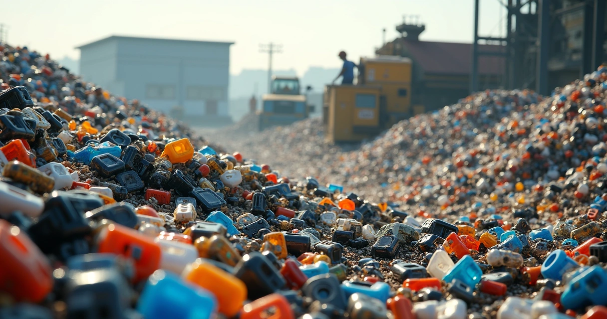 Carcaças plásticas empilhadas em pátio industrial de reciclagem