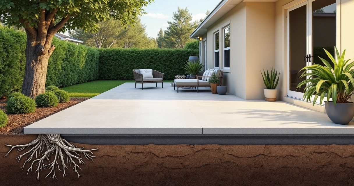 Concrete patio in Orlando with cutaway showing root barrier protecting slab from tree roots 