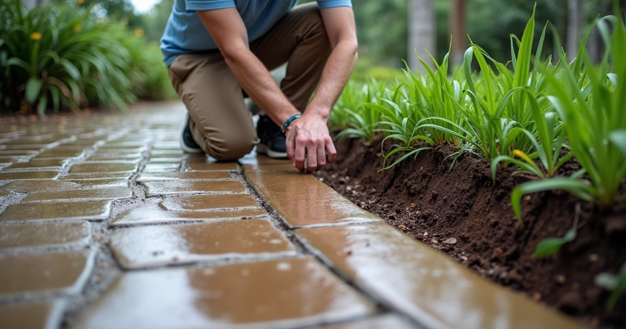 Person inspecting patio root barrier after tropical rain