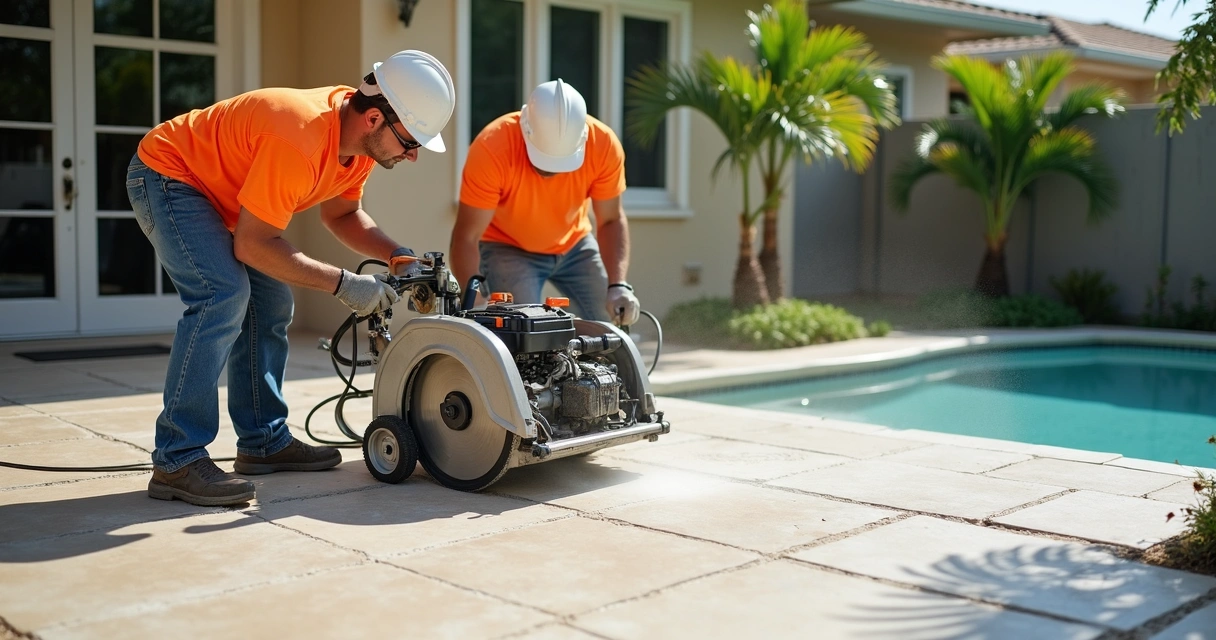 Crew performing saw cut on Orlando concrete patio 