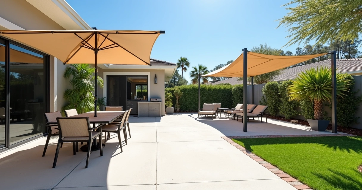 Sunny Orlando patio with movable shade solutions like umbrellas and a sail canopy 
