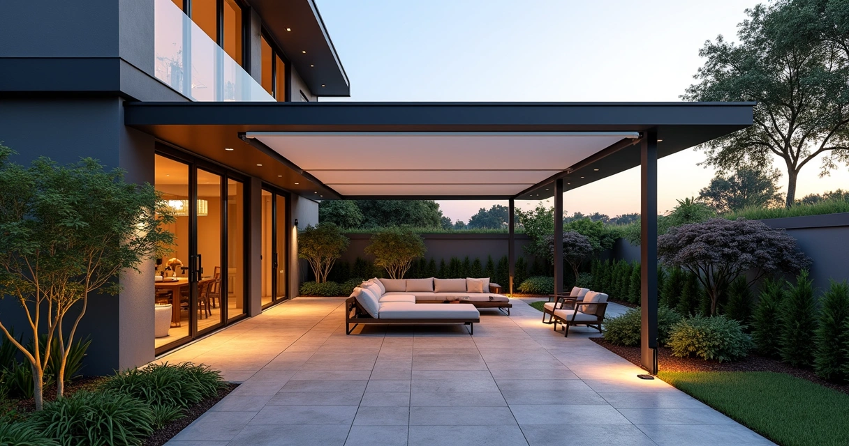 Modern patio with layered shade structures in Orlando