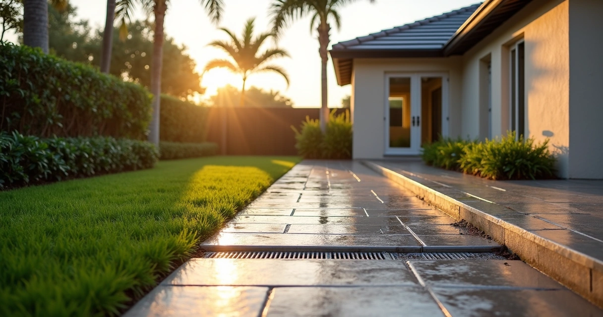 Backyard patio in Orlando with swale and French drain showing two drainage solutions 