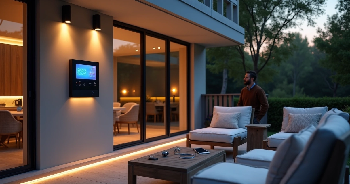 Person adjusting outdoor audio system controls near a modern patio seating area 