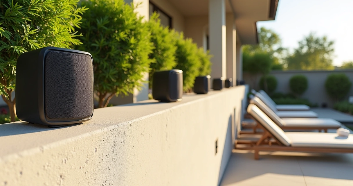 Outdoor speakers installed along a backyard patio wall 