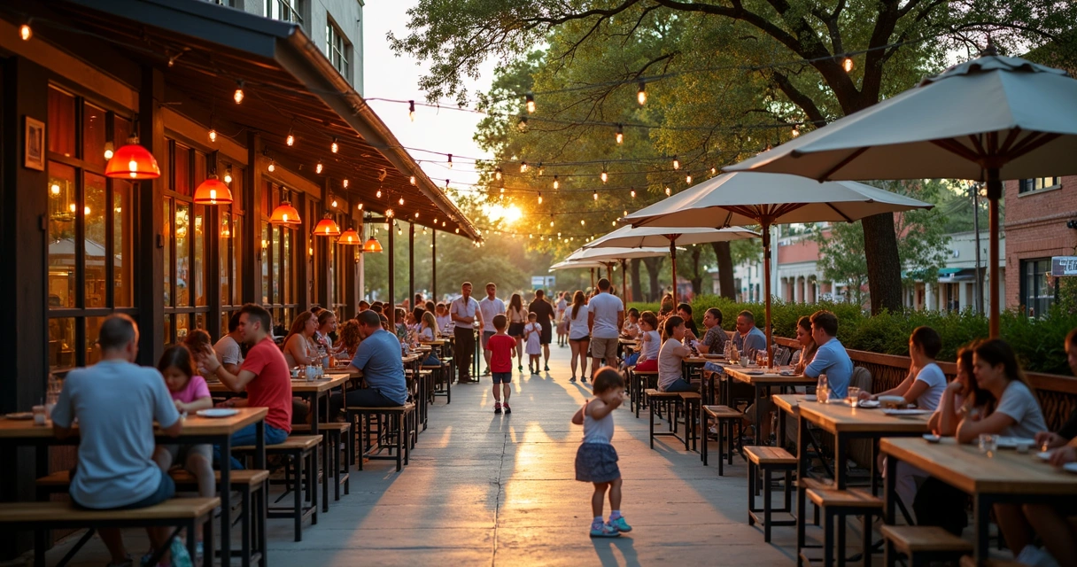 Outdoor restaurant patio with string lights and children playing