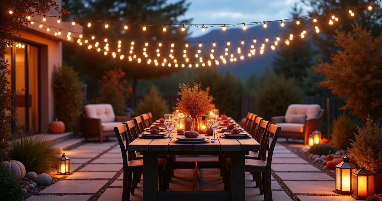 String lights above patio with Thanksgiving table