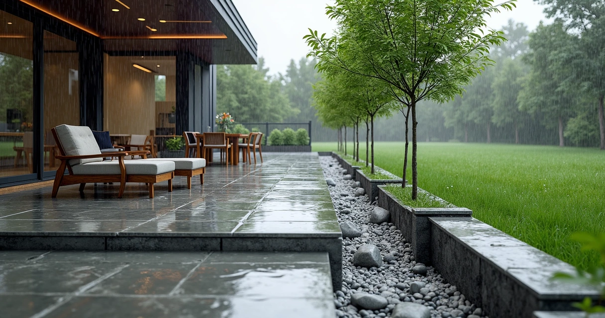 Patio with nearby tree trench during light rainfall. 