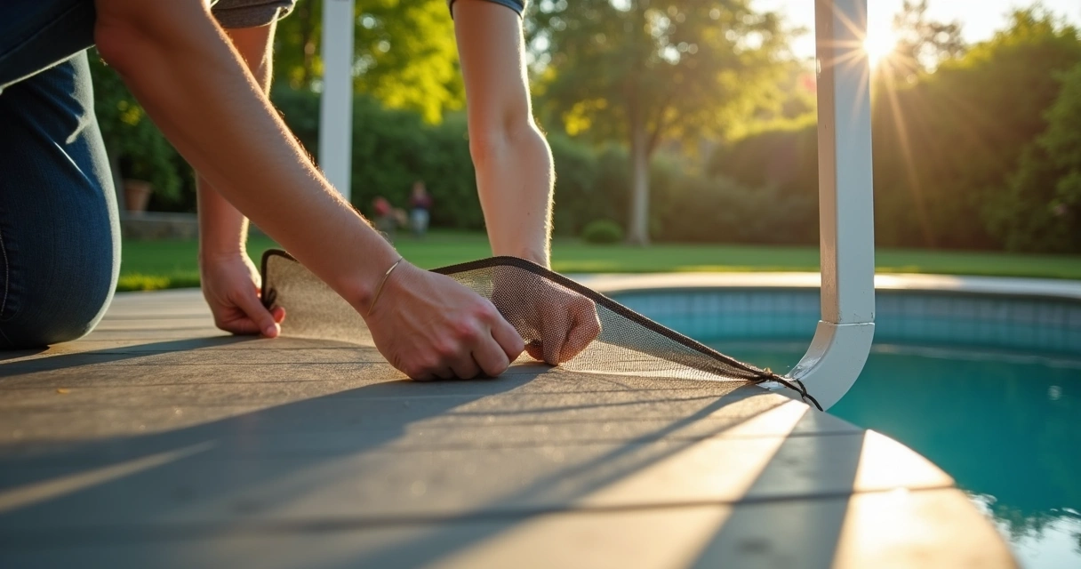 Close-up of hands installing UV-blocking mesh screen on patio frame, sunny outdoor setting 