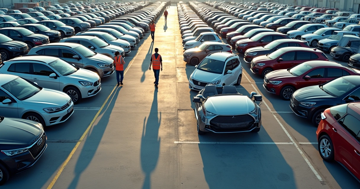 Vista aérea de pátio automotivo com veículos organizados por cor e modelo