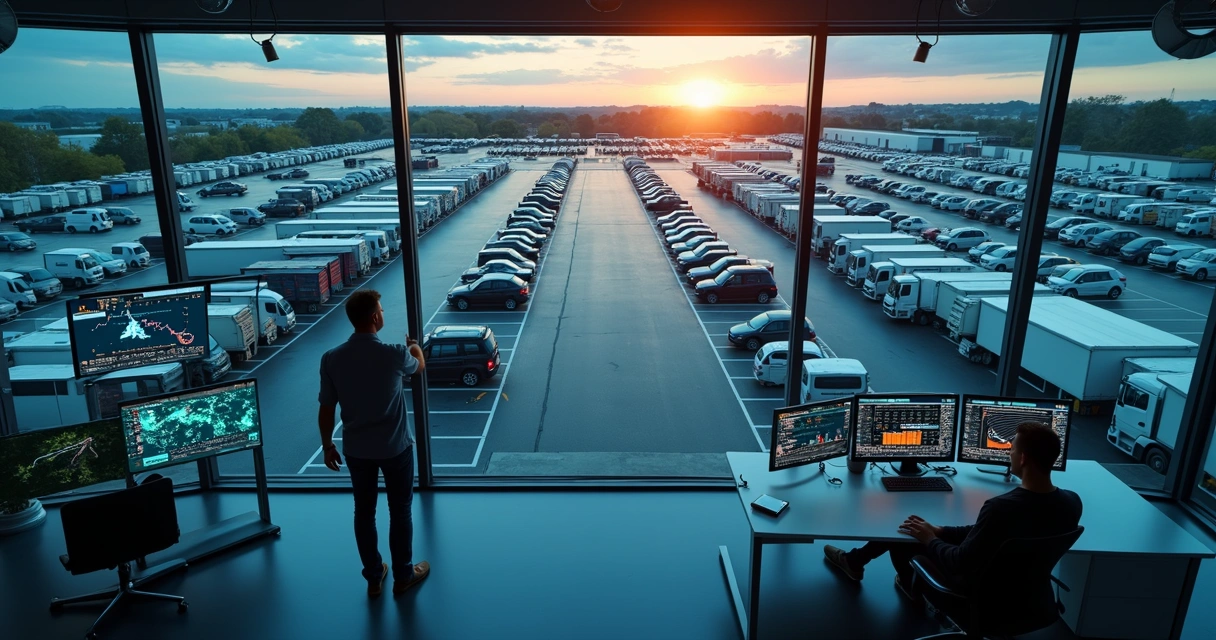 Vista aérea de pátio de veículos organizado com gestão digital em tela gigante 