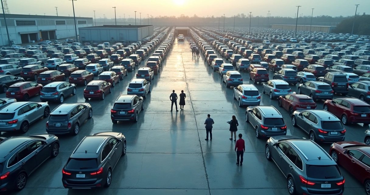 Vista aérea de um pátio industrial com carros estacionados, sensores e painéis digitais instalados 